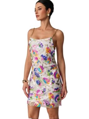 Nwot Sunfere White Multicolor Sequin Gold Chain Lined Mini Dress